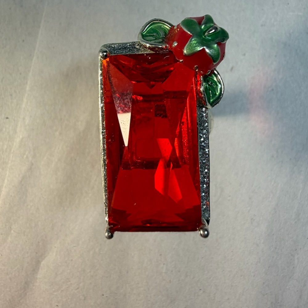 Red Gemstone Ring with Strawberry Charm Accent